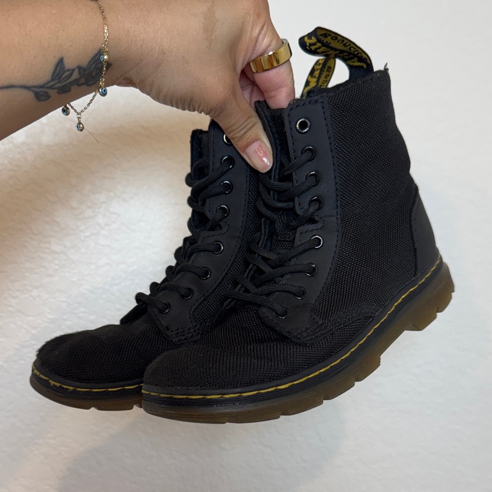 Dr. Martens Black 8-Eye Canvas Lace-Up Boots with Yellow Welt Stitching